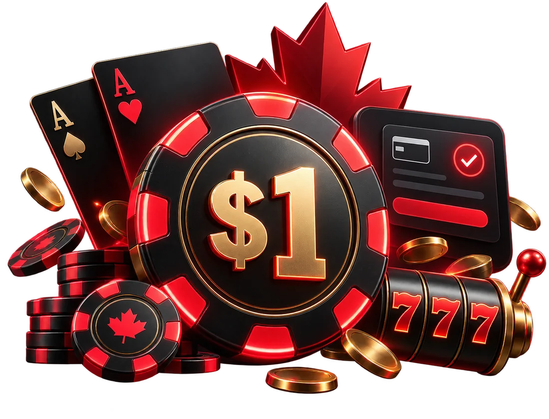 $1 casino chip with a maple leaf, playing cards, slot reels and a cashier screen: $1 deposit casinos in Canada