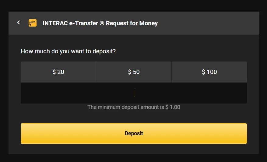 Lucky Nugget Casino Interac e-Transfer Request for Money screen stating the minimum deposit amount is $1.00