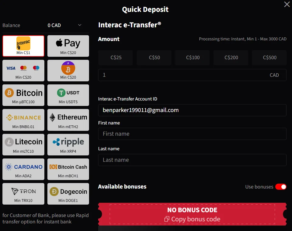 Mirax Casino Quick Deposit window showing Interac e-Transfer with Min 1 Max 3000 CAD, instant processing, and a grid of other methods including Visa, Bitcoin and Tether