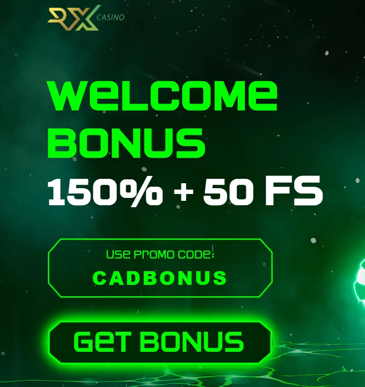 RX Casino welcome bonus banner showing 150% plus 50 free spins with promo code CADBONUS
