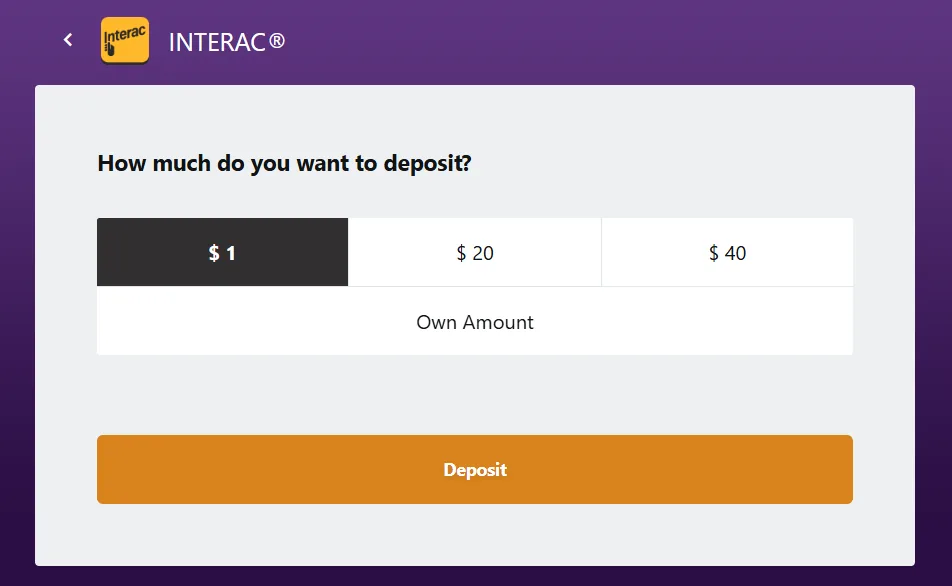 Zodiac Casino Interac deposit screen with preset buttons for $1, $20 and $40 plus an Own Amount field
